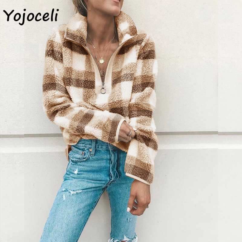 Yojoceli winter warm fleece sweatshirt streetwear women pullovers loose style plaid sweater 210609