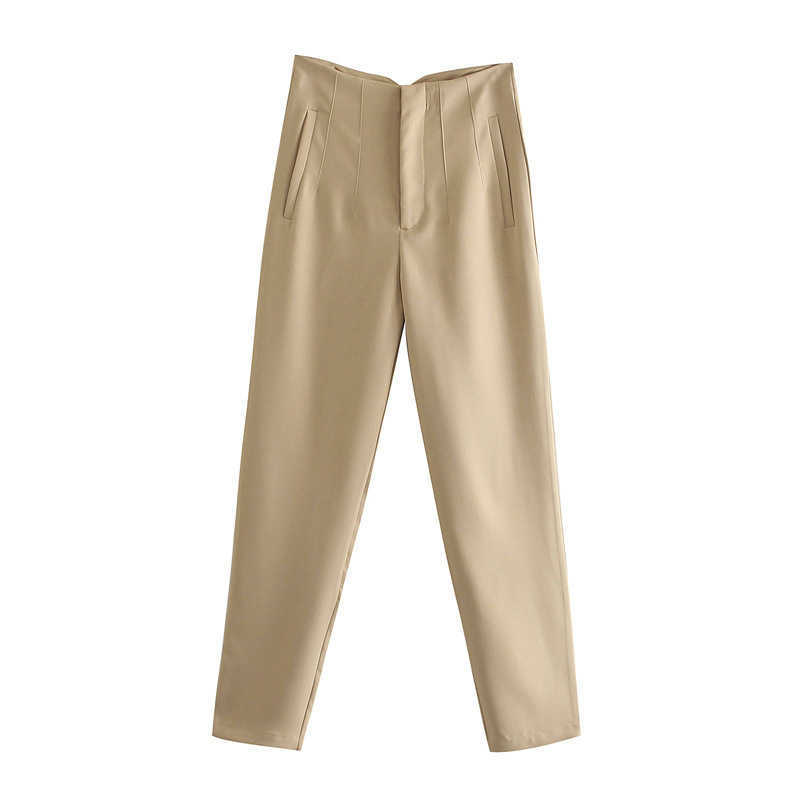 Za Women Trousers Suits High Waisted Pant Spring Fashion Office Lady Beige Elegant Casual Pants Pantalon Pour Femme 211006