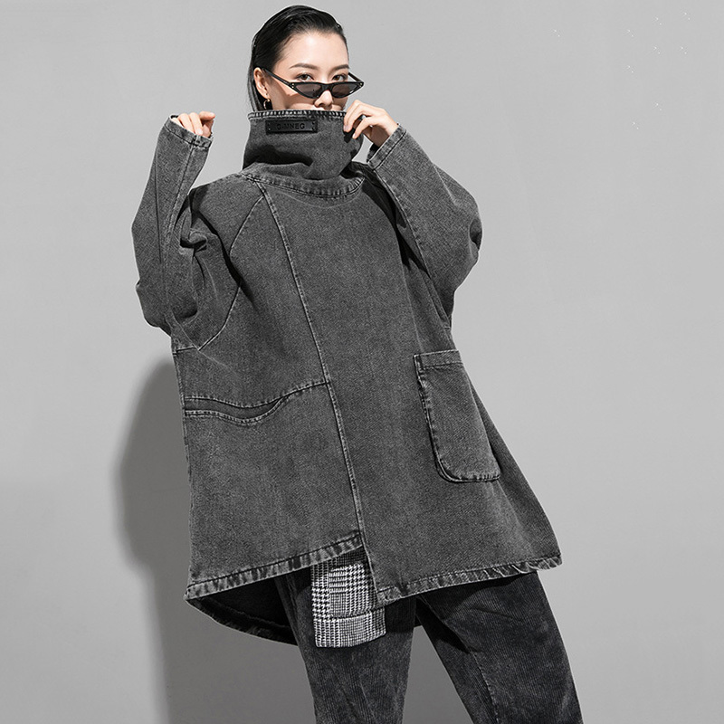 [EAM] Loose Fit Black Denim Oversized Sweatshirt New High Collar Long Sleeve Women Big Size Fashion Spring Autumn 1K166 201102