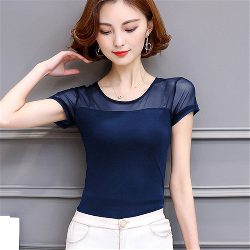 Women Clothing Summer Tshirt Casual Short Sleeve Tops Tees Sexy Lace TShirt Oneck Kawaii 3XL Blue Shirts harajuku T000 T200110