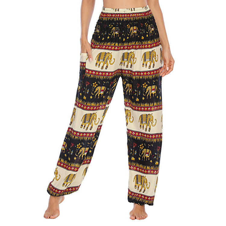 Thiland Female Elephant Print Wide Leg Pants Elastic Waist Loose Joggers Woman Harem Casual Pantalones Mujer Cintura Alta 210604