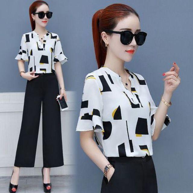 Women's Tracksuits Women Chiffon Pant Suits Casual Formal Elegant Office Lady Work Blouse Tops Wide Leg Pants Two Piece Set Outfits Femme Su