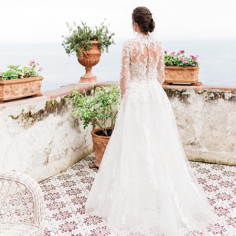 Sexy See Through Ivory Wedding Dresses High Neck Illusion Long Sleeve Appliques Floral Lace Country Boho Bridal Gowns Custom Made Beach