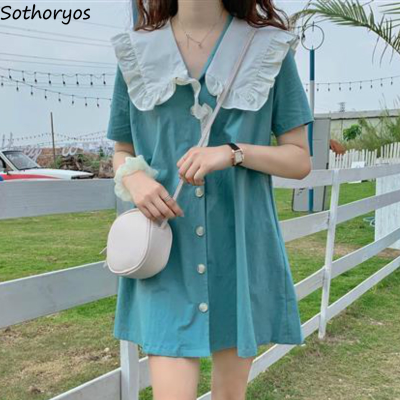 Sailor Dress Women Collar Short Sleeve A-line Fashion Sweet Loose Korean Style Students Mini Dresses Ulzzang Summer All-match C0304