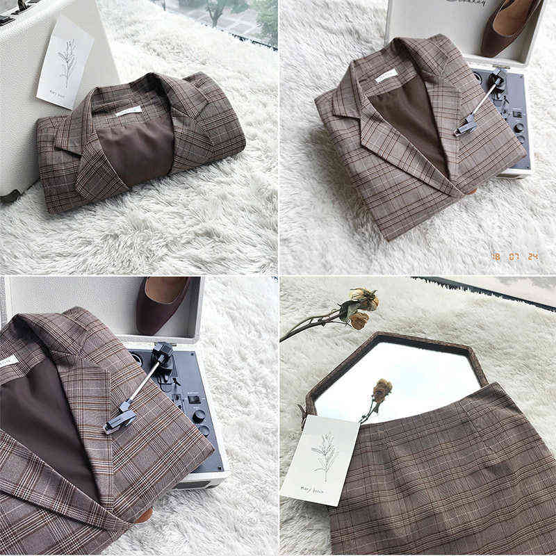 Mozuleva Retro Plaid Blazer Set Single-breasted Jacket & Pencil Skirt 2 Pieces Skirt Suit Female Office Ladies Blazer Suit 211101