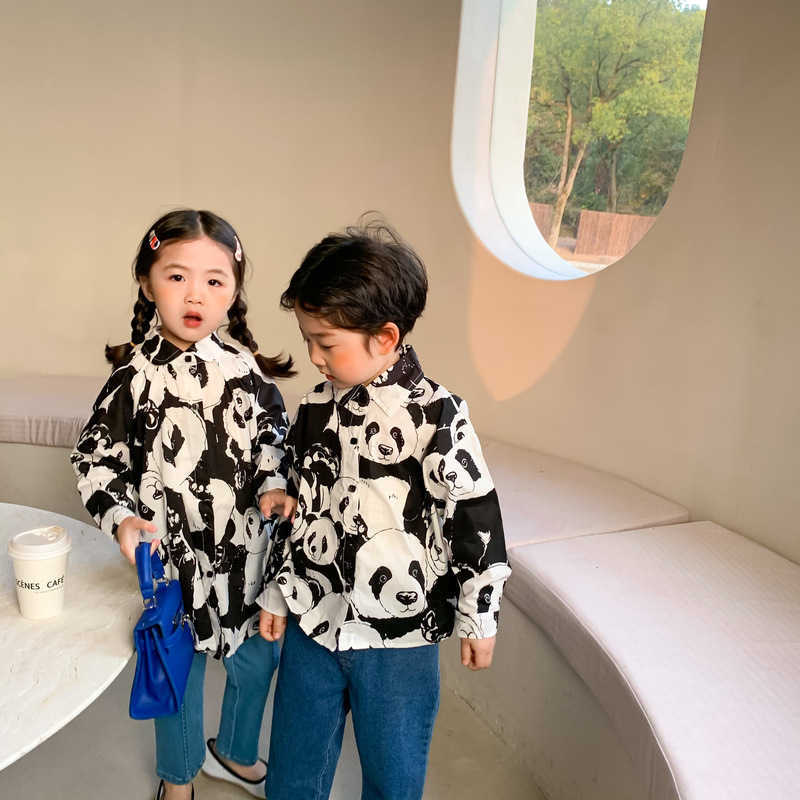 Spring fashion panda printing long sleeve shirts for boys girls casual Brother sister clothes Tops 210713