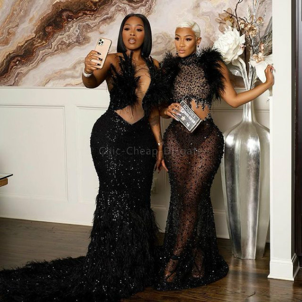 Plus 2021 Size Arabic Aso Ebi Black Mermaid Sequined Prom Dresses Sheer Neck Feather Urious Evening Formal Party Second Reception Gowns Dress Zj394 66