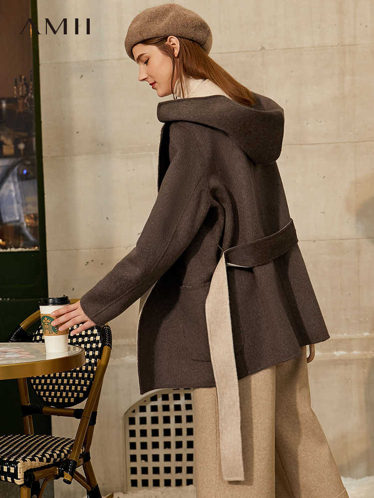 Minimalism Winter Coat Women Fashion Patchwork Lapel Belt Loose 100%wool Double-sided Woolen Female Jacket 12030528 210527