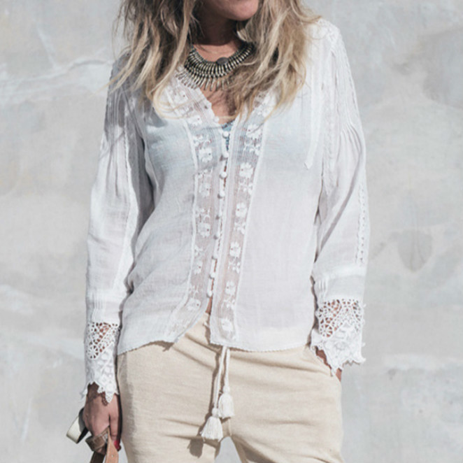 AYUALIN long sleeve white floral lace V-neck Blouses cotton Shirt Casual autumn blouse high quality Women boho Clothing blusas 210225