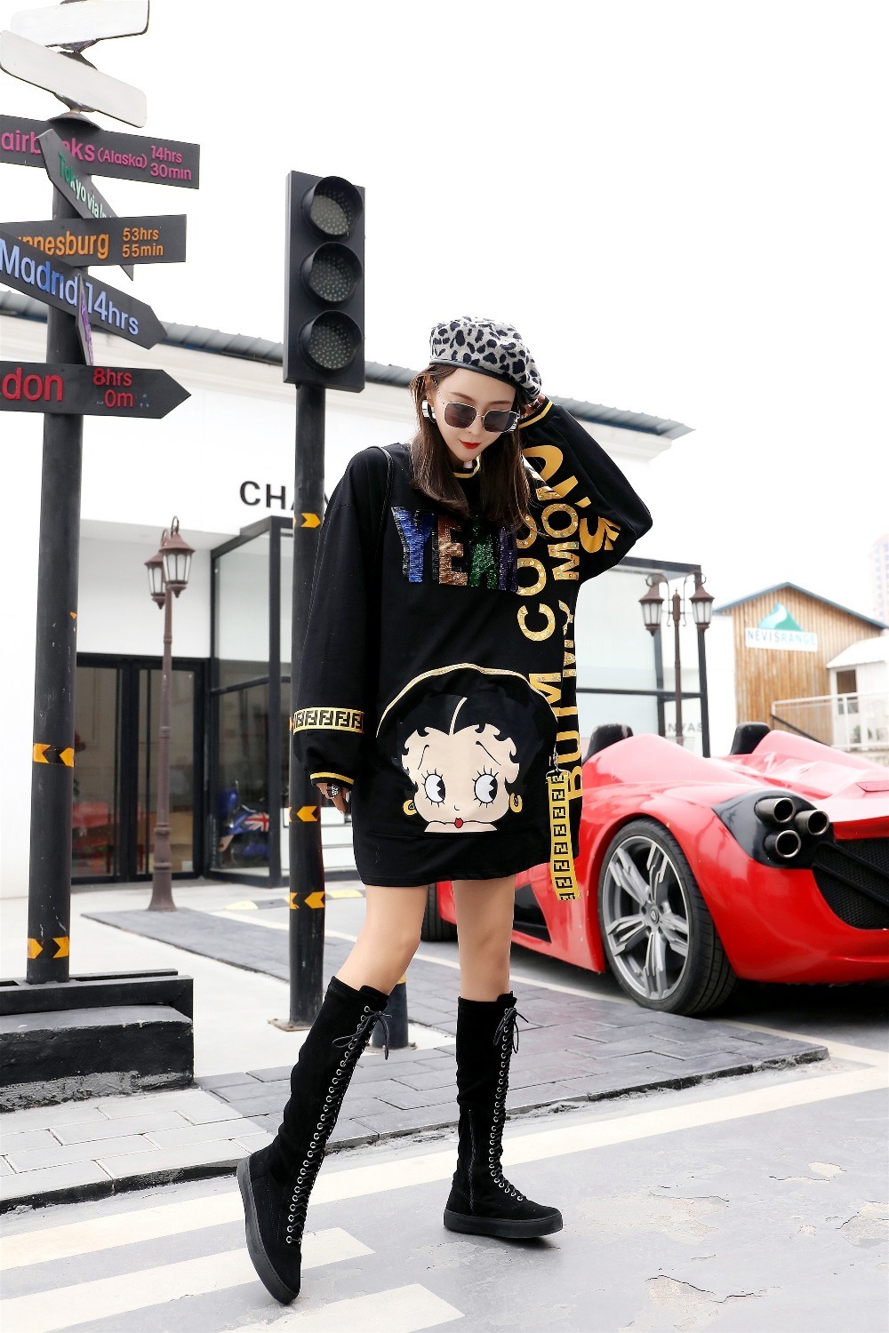 Mujeres Cartoon Sweatshirts Dress High Street Sequins O-Neck Hoodies Plus Size Casual Loose Long Pullovers Jumper 201217