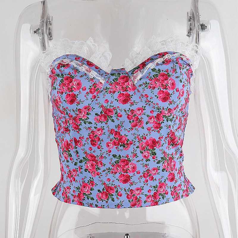 Colysmo Floral Corset Top Women Lace Patchwork Print Ruched Backless Crop Casual Party Bustier Ladies Summer Strapless Cami 210527