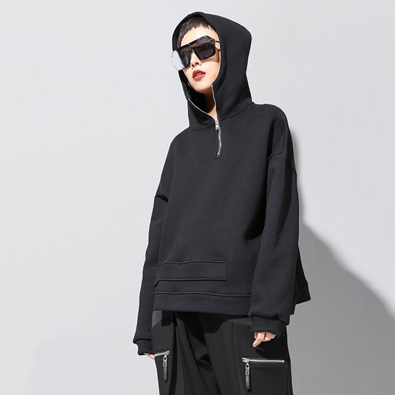 [EAM] Loose Fit Asymmetrical Oversized Sweatshirt New Hooded Long Sleeve Women Big Size Fashion Tide Spring Autumn - LJ201130