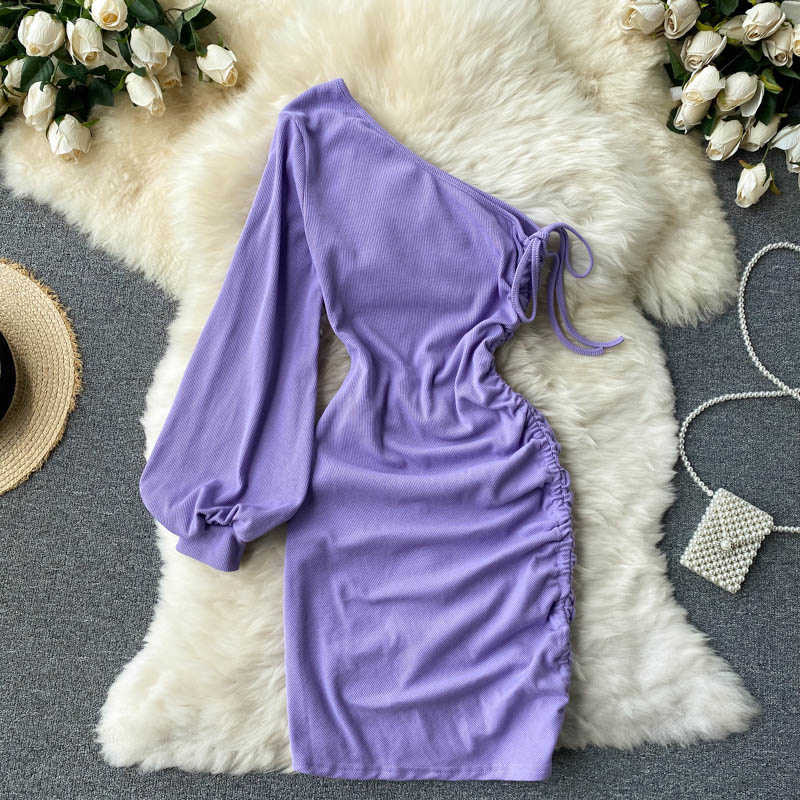 DEAT Women Slim Drawstring Dress Diagonal Collar Long Sleeve Arrivals Lady Sexy Fashion Spring Summer 11D2009 210709
