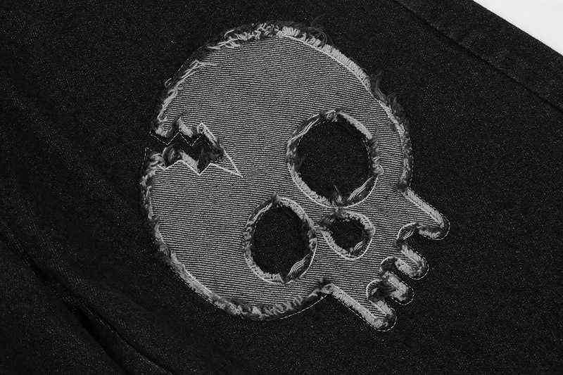 IEFB High Street Fashion Skull Embroidery Splicing Straight Tube Wide Leg Pants Men's Hip Hop Loose Black Jeans Trousers 211111