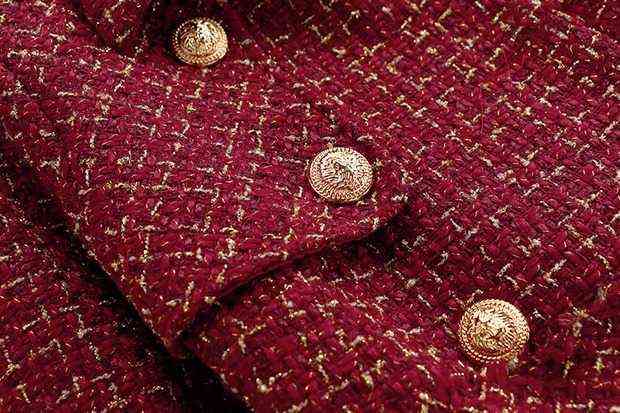 Autumn Winter Women Gold Double-breasted Tweed Short Jacket Coat + Bodycon Skirt Suit Tassels 2PCS Clothing Set Red Plaid 211106