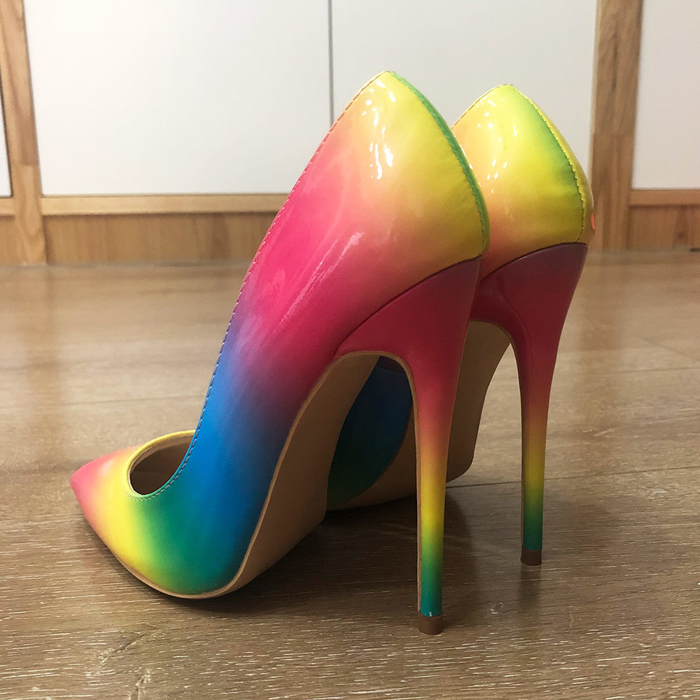 Veowalk Rainbow New Colorful Patent Leather Women Sexy Stiletto Extemely High Heels, Ladies Fashion Pointed Toe Pumps Party Shoes 210310