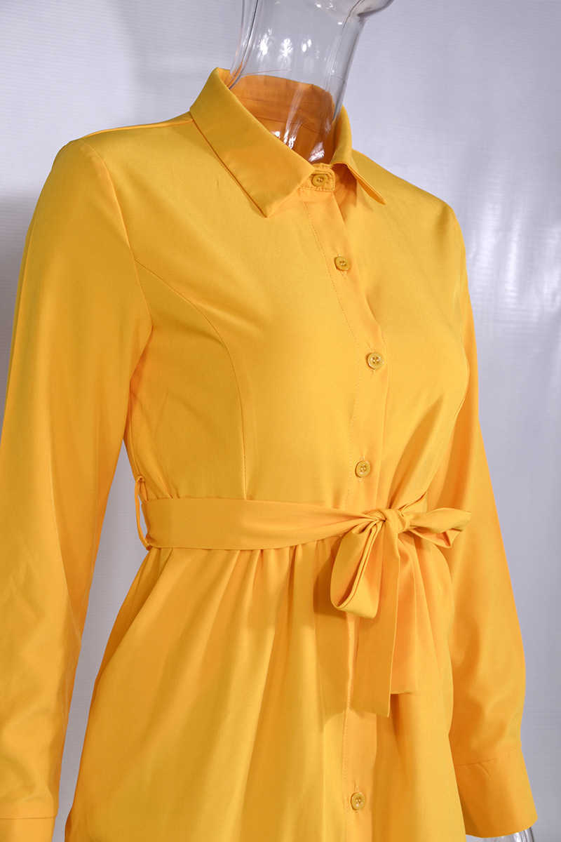 Fashion Long Sleeve Buttons Shirt Dres Autumn Casual Yellow Green Vintage Ladies Dresses Femme Robe 210623