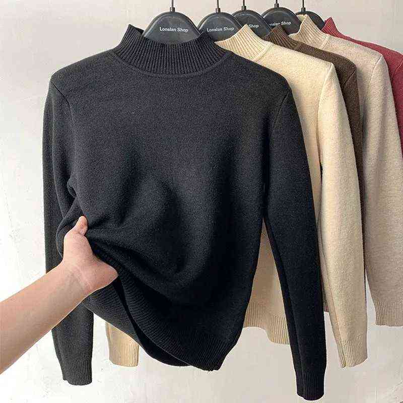 Korean Turtleneck Slim Knitted Pullovers Fashion Clothes Woman Winter Sweater Casual Fleece Lined Warm Knitwear Base Shirt 211123wtt