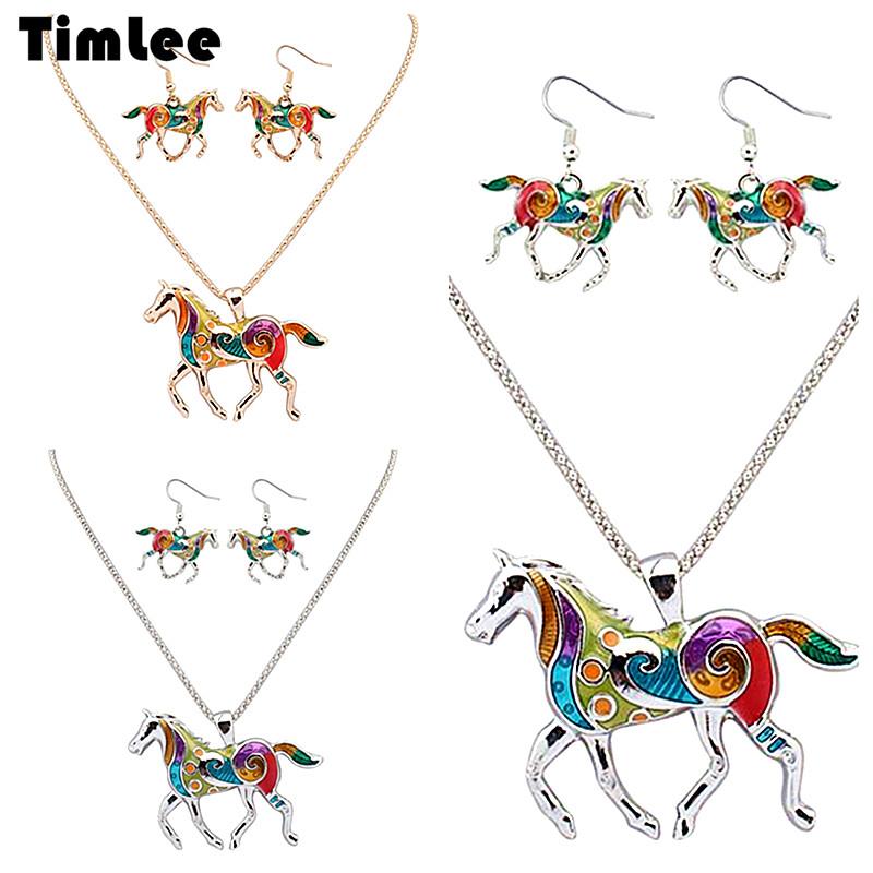 Pendant Necklaces Timlee N162 Fashion Drops Of Oil Rainbow Horse Necklace , Set Jewelry Wholesale