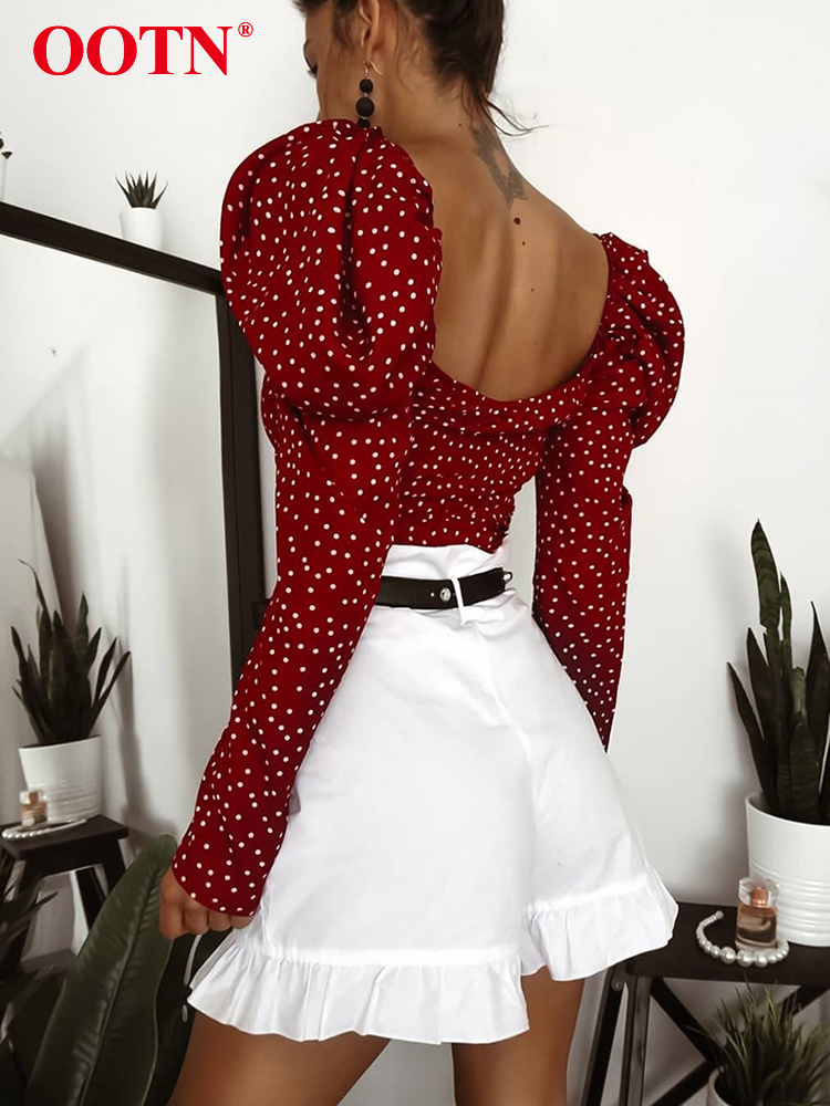 OOTN Vintage Polka Dot Women Puff Long Sleeve Wrap Top Elegant Lace Up Red Crop Top Blouse Sexy Backless Chic Female Shirts 220407