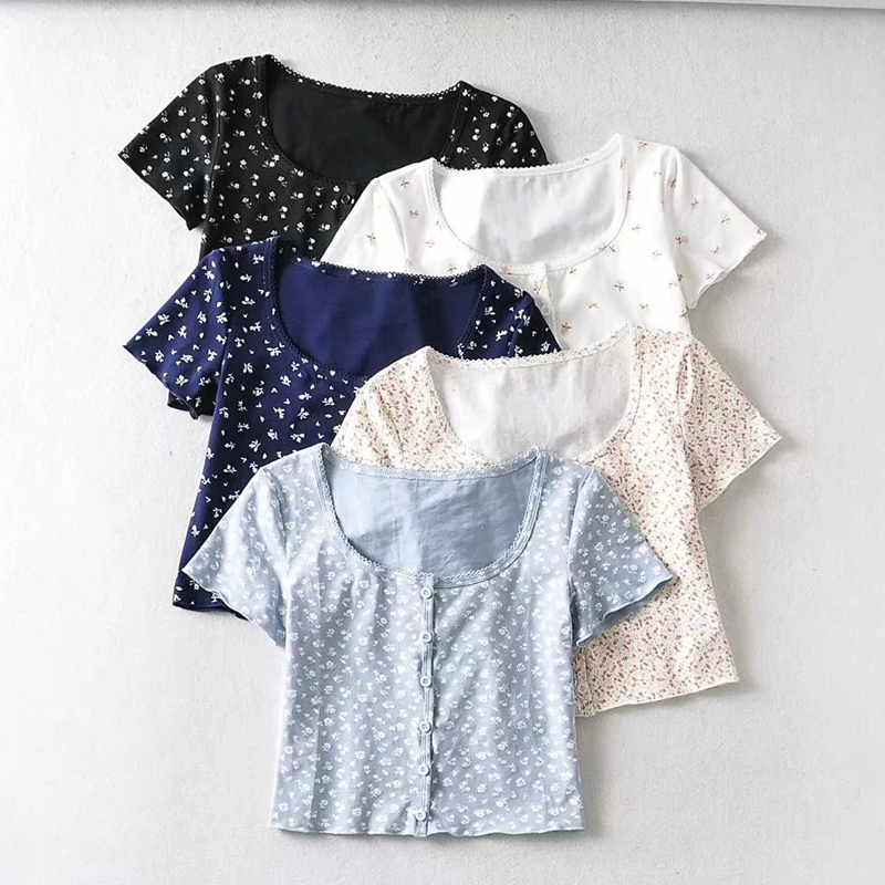 Women Scoop Neck Button down Floral Print Crop Tee Short Sleeve Floral Printed Crop Top 210306