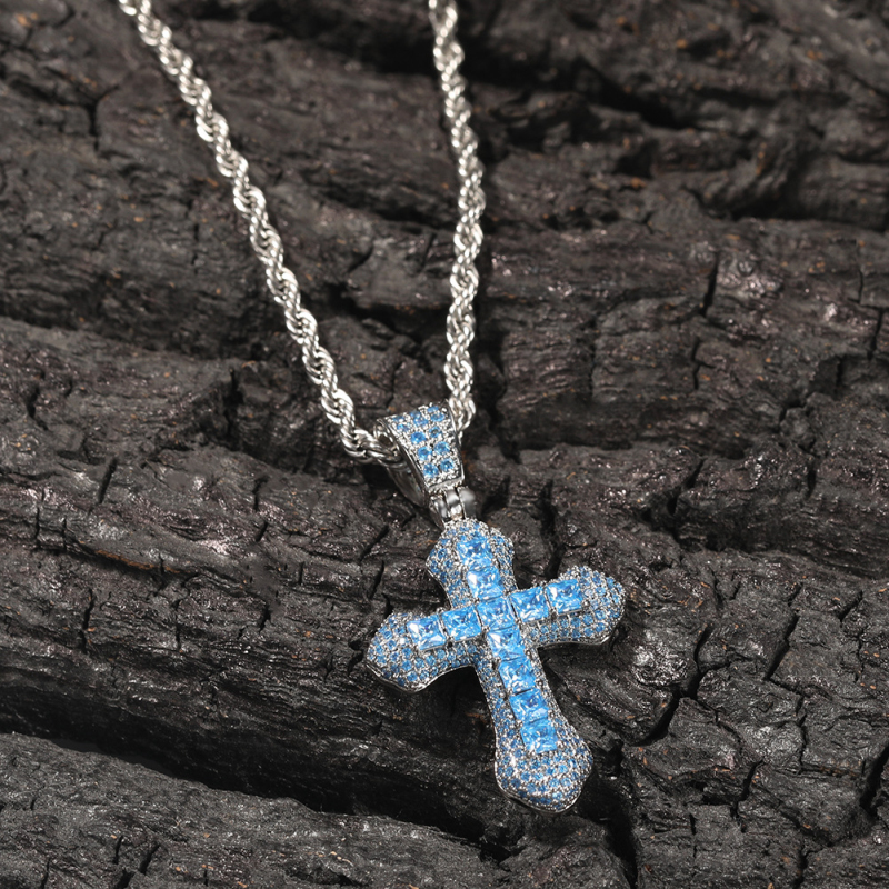 New Trendy CZ Pave Setting Cross Pendant Necklace High Quality Hip Hop Men Jewelry with Twist Chain