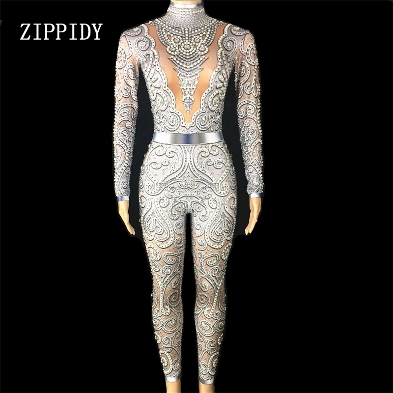 Fashion Pearls Rhinestones Bodysuit Big Stretch Sexy Jumpsuit Stage Birthday Evening Party Celebrate Singer Dance outfit T200303