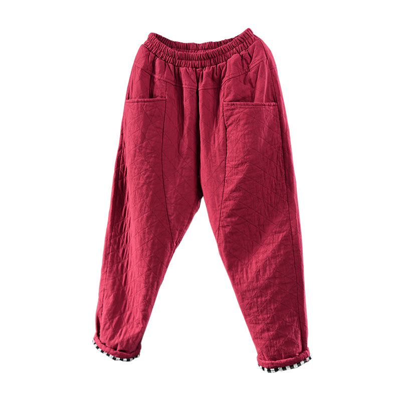 Autumn Winter New Arts Style Women Elastic Waist Loose Cotton Linen Harem Pants quilted Cotton Big pocket Vintage Pants S404 201012