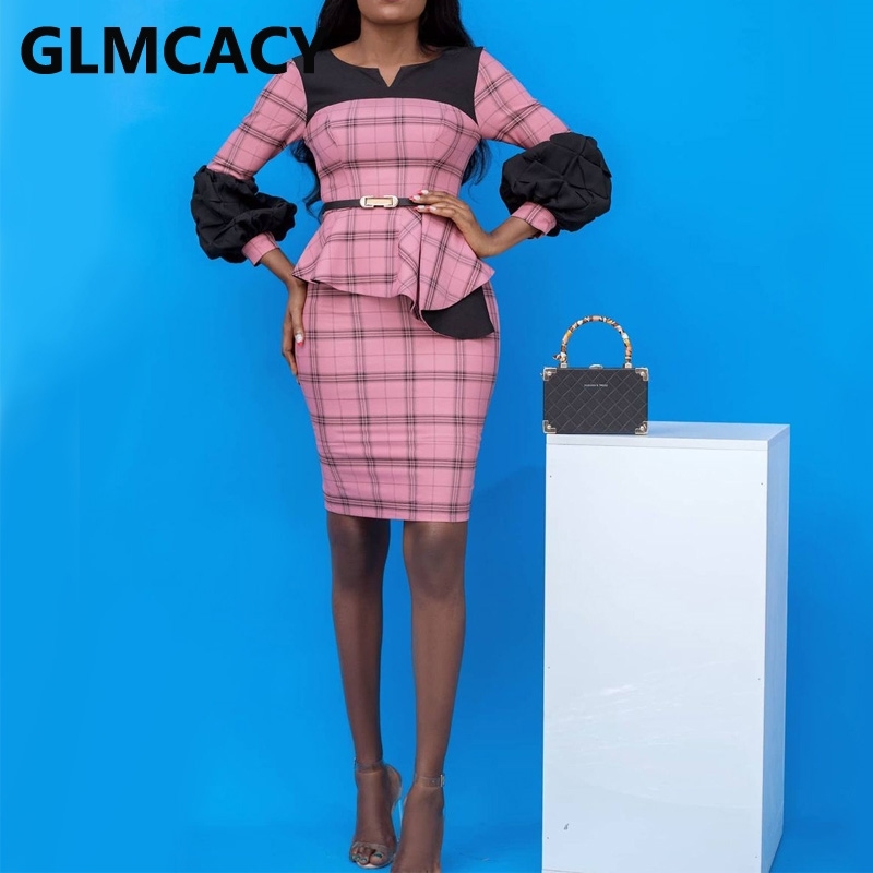 Women Lantern Sleeve Plaid Dress Elegant Peplum Office Ladies Work Dresses 210702
