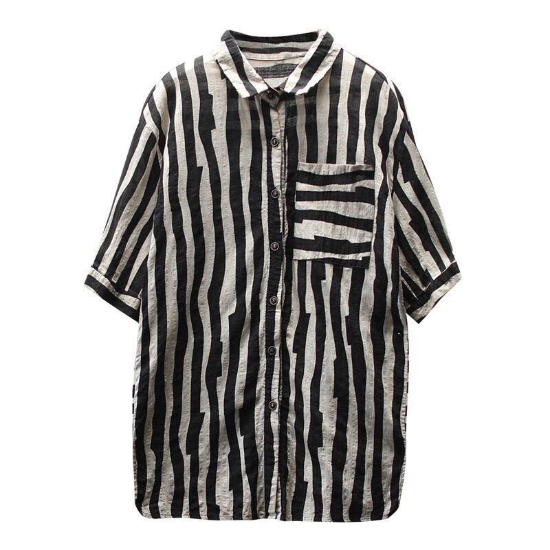 F&je New Arrival Women Shirts Plus Size Summer Vintage Striped Linen Blouse Turn-down Collar Female Loose Casual Ladies Tops D2 210225