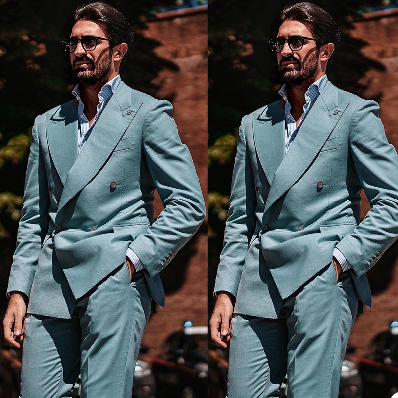 Blue Two Pieces Men Suits Custom Made Formal Spring Suits Double Breasted Tuxedos Peaked Lapel Blazer Business Coat+Pant