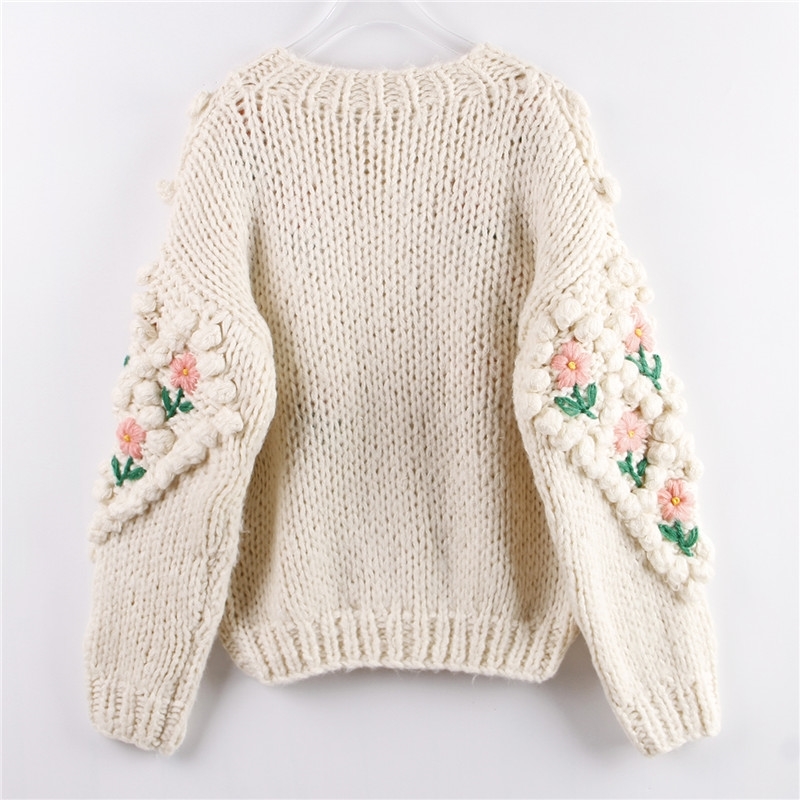 H.SA New Women Winter Handmade Sweater and Cardigans Floral Embroidery Hollow Out Chic Knit Jacket Pearl Beading Cardigans 210218