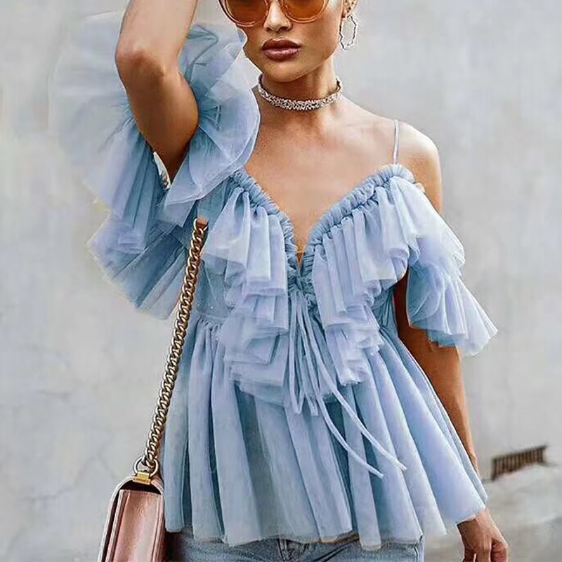 TWOTWINSTYLE Elegant T Shirt For Women V Neck Off Shoulder Tunic Mesh Bandage Tops Female Fashion Summer Clothes New 210308