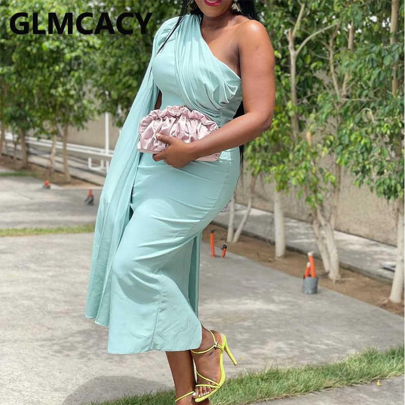 One Shoulder Cape Sleeve Elegant Evening Party Midi Dress 210702