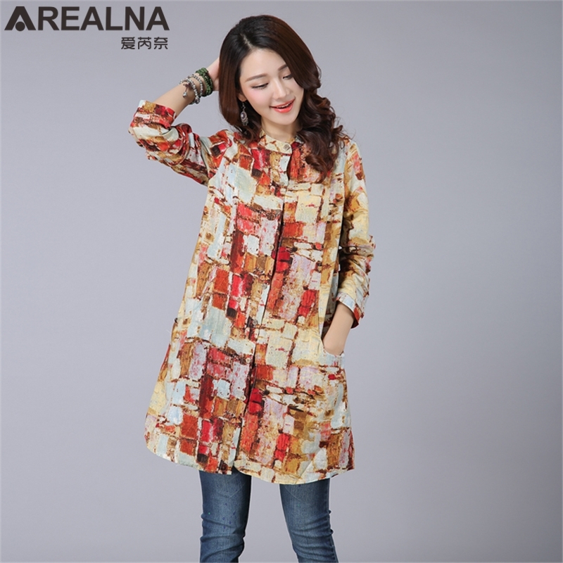 Fashion Cotton Linen Women Blouses Vintage Funky Button Up Shirt Tunic Long Sleeve Floral Print Blouse Female Plus Size Top 210225