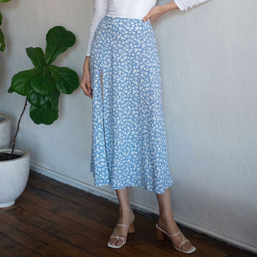 Women Skirt Fashion Elegant Vintage Black Floral Skirts Womens New High Waist Midi Skirt Sexy Side High Slit Woman Skirts 210309