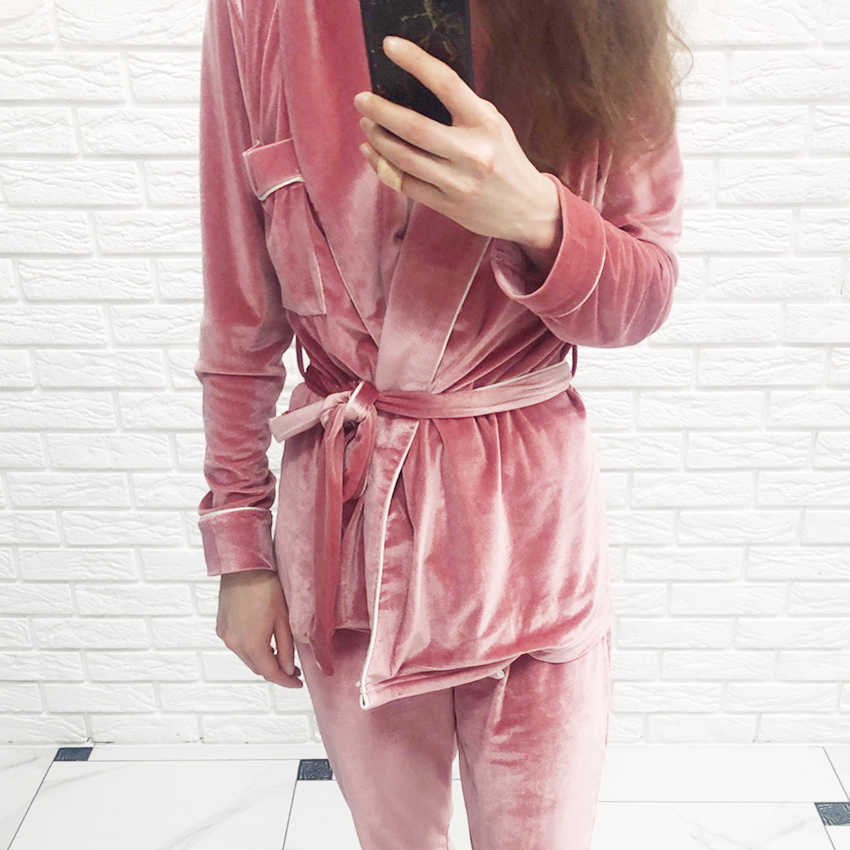 HECHAN Gray Velvet Pajamas Warm Long Sleeve Home Suit For Women Two Piece Set Thick Sleepwear Set Night Suit Sets Autumn Female 210924