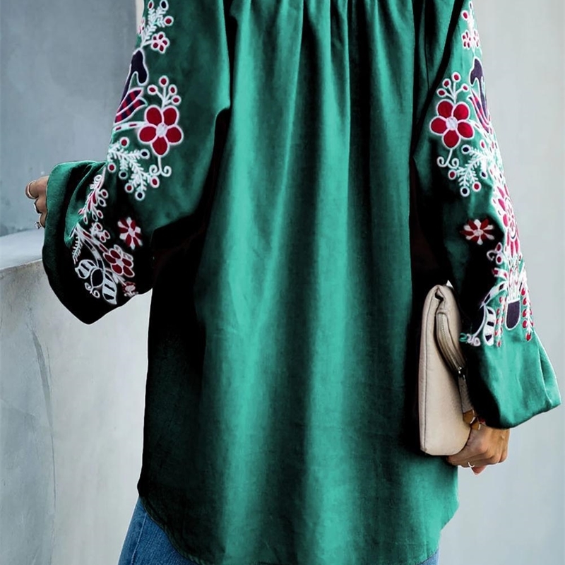 Green/Black/Blue/Pink Relaxing Fit Floral Embroidered Peasant Blouse Top Women Billowy Long Sleeves Casual Loose Autumn Blouse T200321