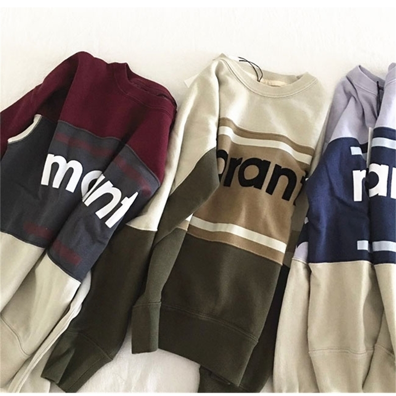 Contrast color women sweatshirt flock print long sleeve oneck casual wild lady pullover tops 201204