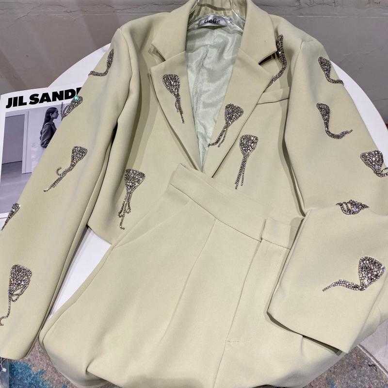 DEAT Women Tassel Chain Long Sleeve Suit Half Straight Pants Two Piece Set Fashion Spring Summer 11B060 210709