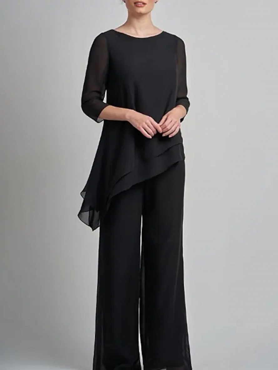 Black Jumpsuit Mother of the Bride Dress Plus Size Elegant Jewel Hlaf Sleeves Floor Length Chiffon Guest Party Gowns Robe De Soiree