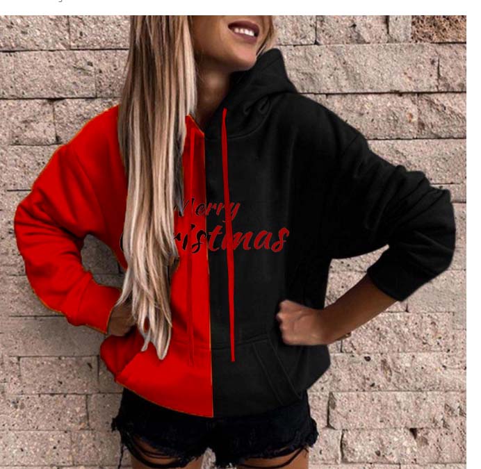 Women's hoodie Christmas pattern sweater color block red and black patchwork long-sleeved pullover autumn and winter
Women's hoodie Christmas pattern sweater color block red and black patchwork long-sleeved pullover autumn and winter