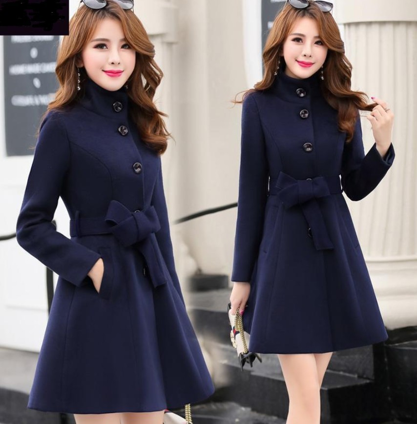Women outerwear autumn winter New clothing Korea fashion belt warm woolen dress blends Slim female elegant woolen coat 899i 210218