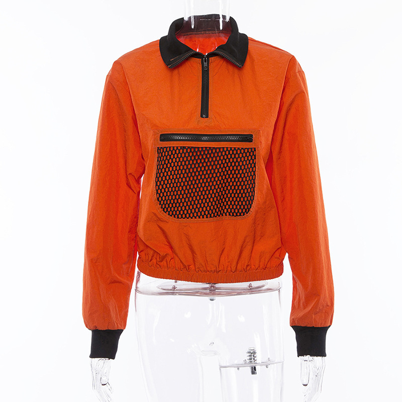 Women spring Orange Half Open Collar Loose Top pullover New Chest Mesh Decoration Sweatshirt Casual Coat Active Wear T200525