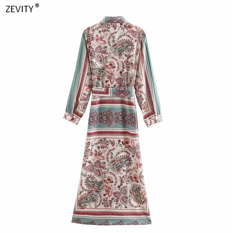 Women Vintage Position Cashew Floral Print Sashes Shirtdress Ladies Long Sleeve Business Vestidos Chic Side Split Dresses DS3379 T200603