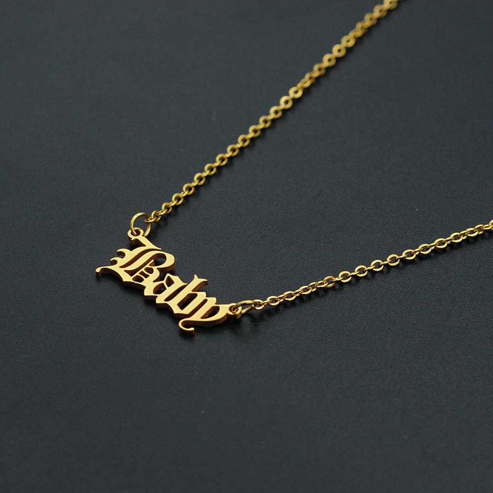 30PCS Old English Letter Word Baby Necklaces Stainless Steel Initial Alphabet Name Logo Pendant Charm Chain Minimalist Collar Choker Jewelry for Women