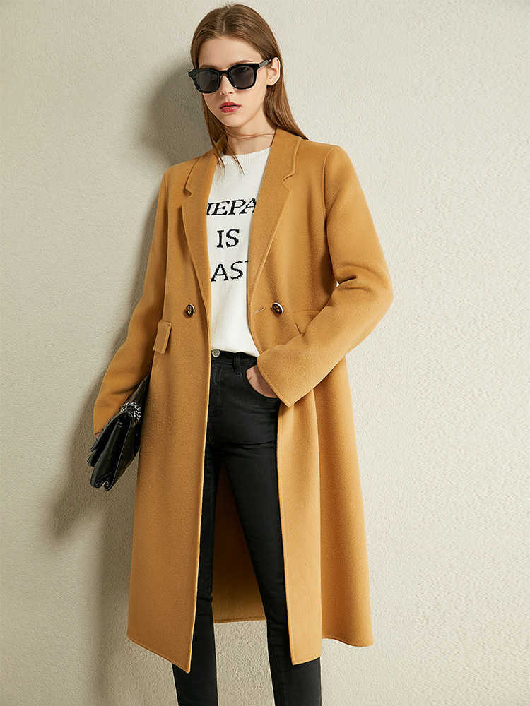 Minimalism Winter 100%wool Women's Coat Temperament Lapel Knee-length Double-sided Woolen Women 12030467 210527