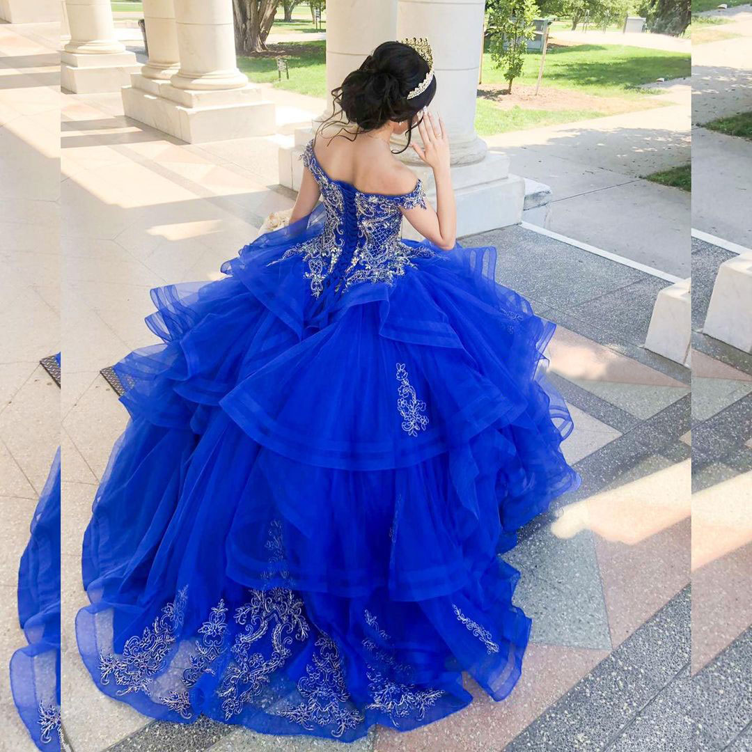 Beaded Blue Ball Gown Quinceanera Dresses Sequined Off The Shoulder Prom Gowns Tiered Sweep Train Tulle Sweet Masquerade Dress