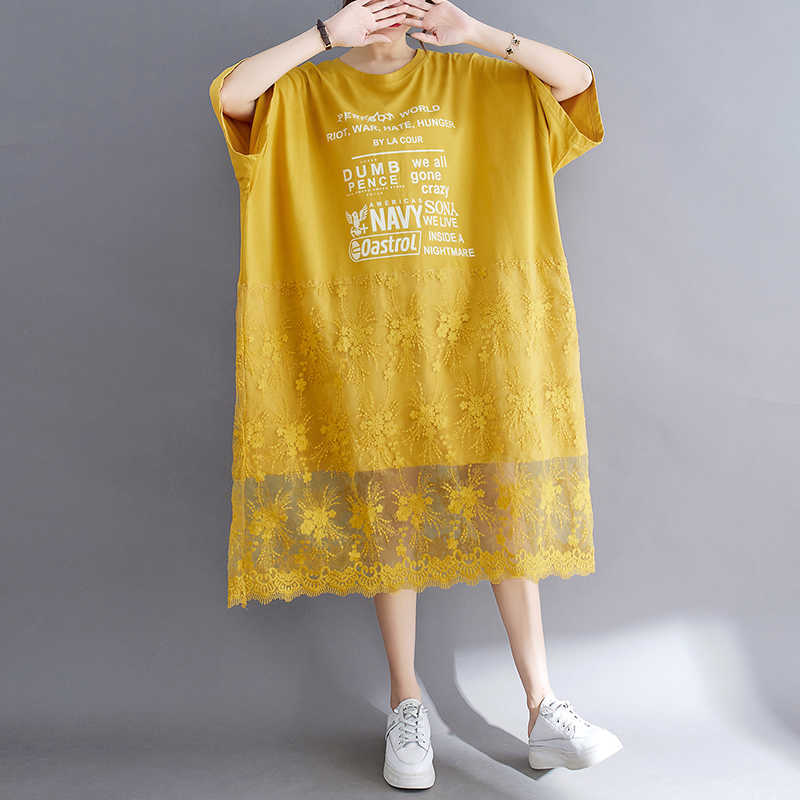 Plus Size Lace T Shirt Summer Dress Korean Cotton Loose Ladies Dresses for Women 4xl 5xl 6xl 7XL Oversized Long Midi Dress 210630
