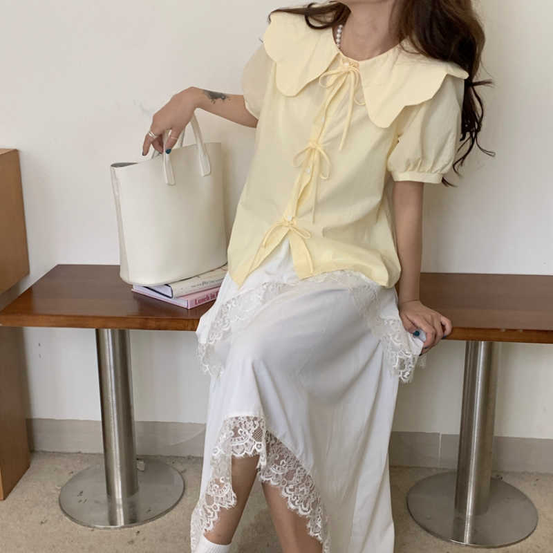 Causal Short Sleeve Women Shirts Blouses Sweet Korean Bow Tie Peter Pan Collar Tops Blusas Feminimos 6G634 210603